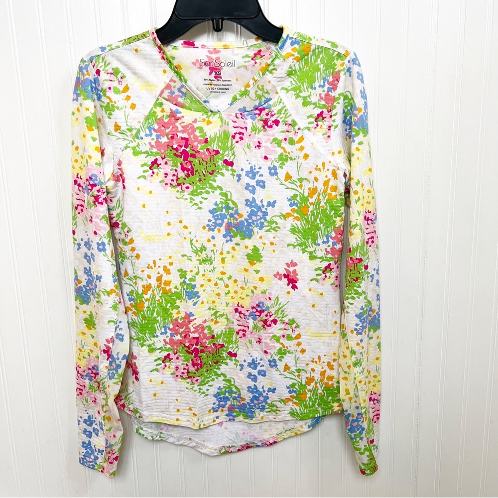 SanSoleil Soltek Ice Cooling Gear V-Neck SolCool Floral Print Long Sleeve Tee XS